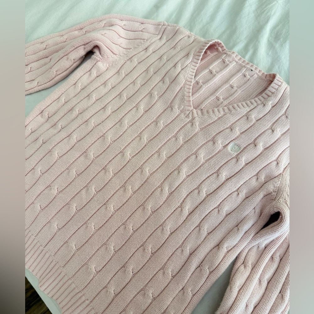 Chaps Classic Cable Knit V-Neck Sweater in Light Pink